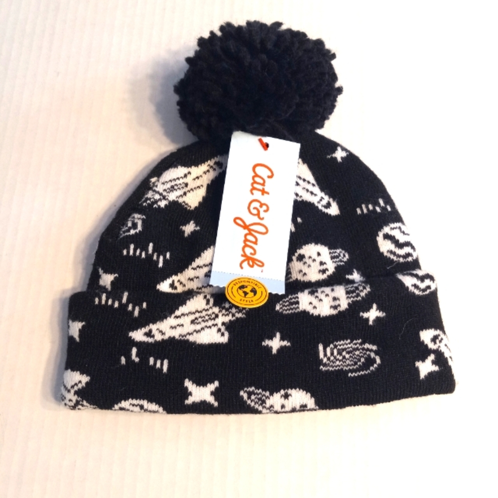 Cat & Jack black & white winter hat. Space themed pattern size 2T - 5T toddler